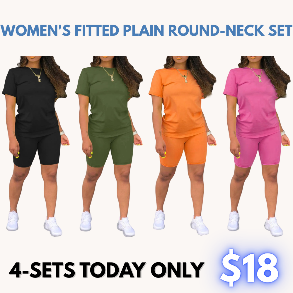 Women's 2-Piece Plain Set: Fitted Crew Neck Tee & Skinny Shorts, Casual Summer Outdoor Outfit