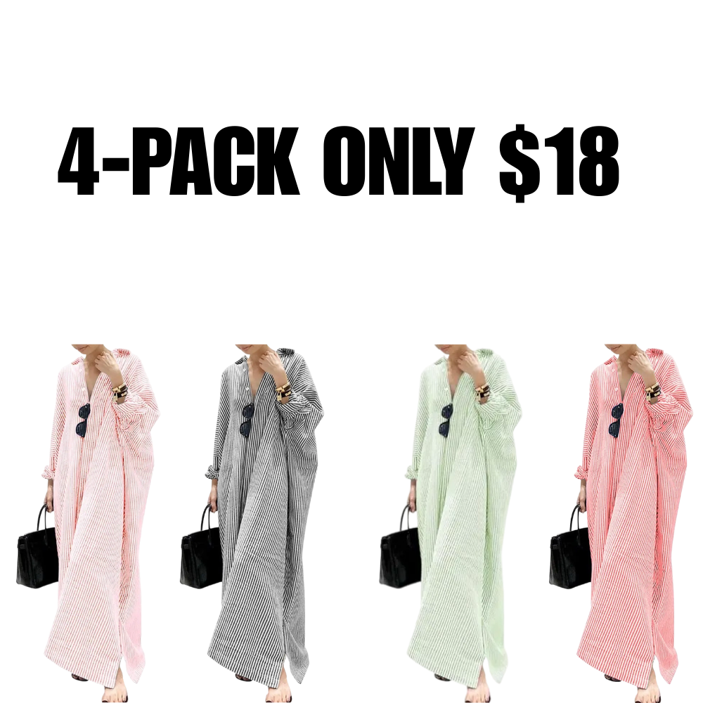 Women's Casual Long Sleeve Button Down Loose Striped Cotton Maxi Shirt Dress