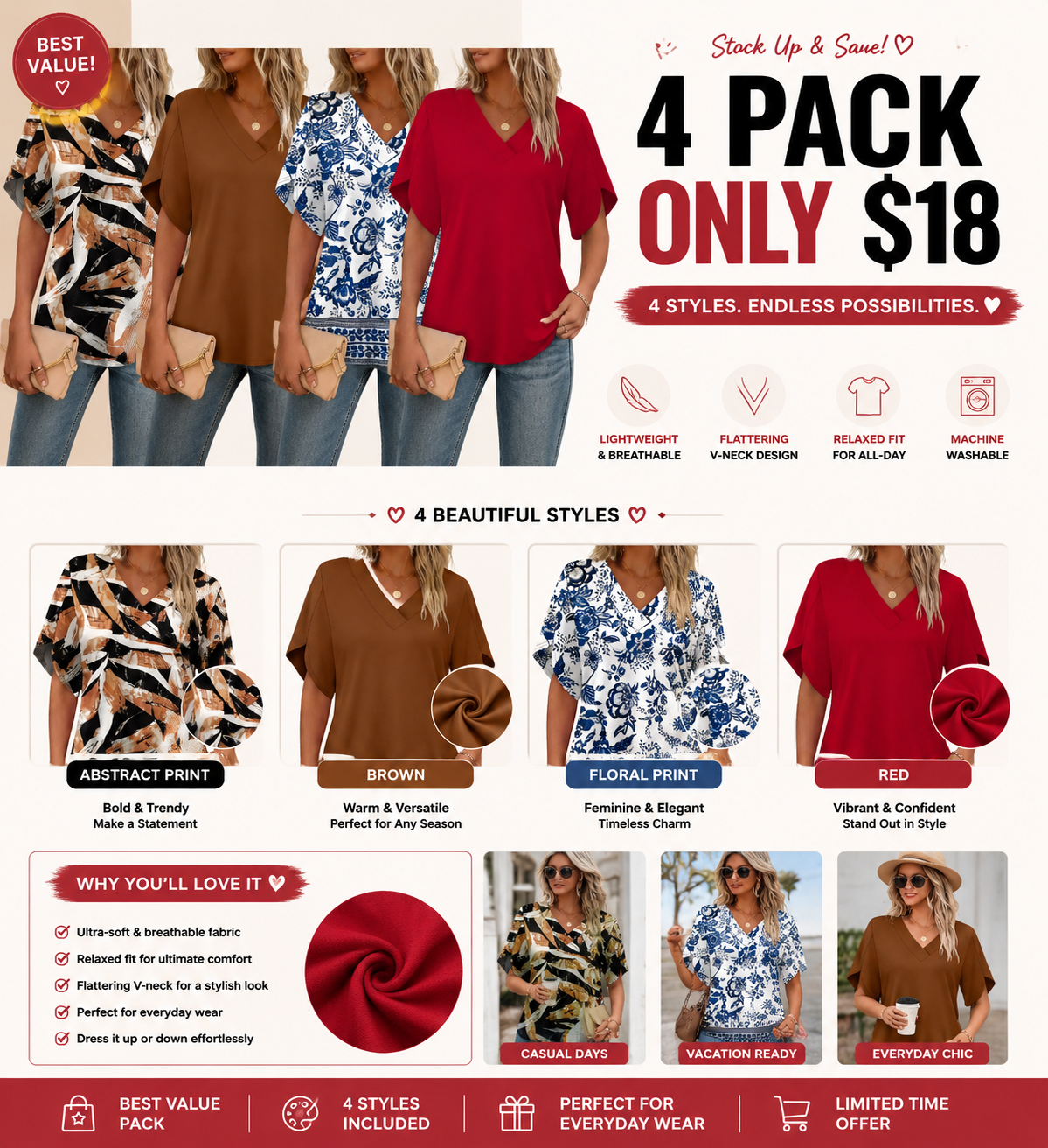 FASHION Womens Summer Tops Short Petal Sleeve Shirts V Neck Outfits Clothes