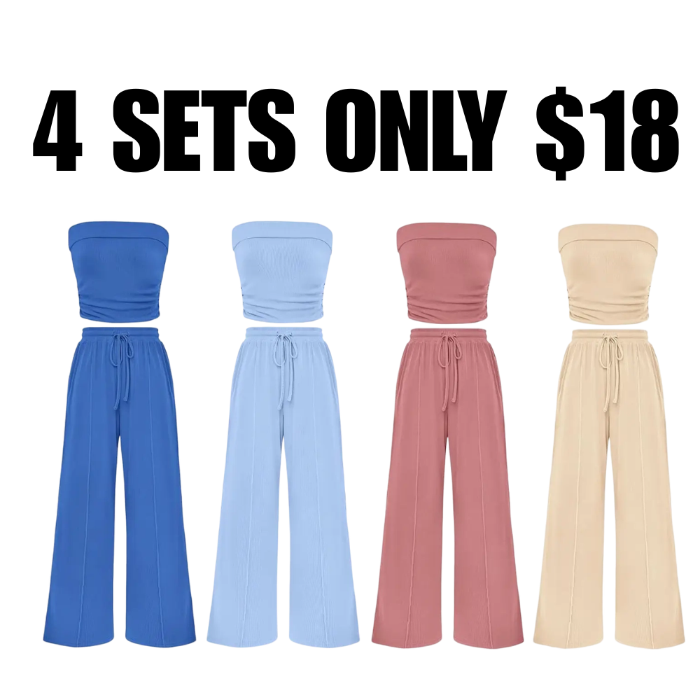 Women's Summer Outfits 2 Piece Sets Casual Ribbed Knit Crop Top & Wide Leg Pants