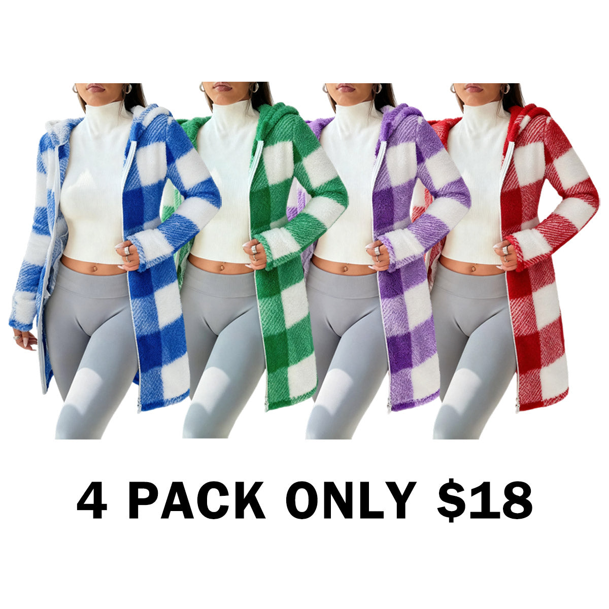 Plaid Fleece Long Sleeve Hooded Coat