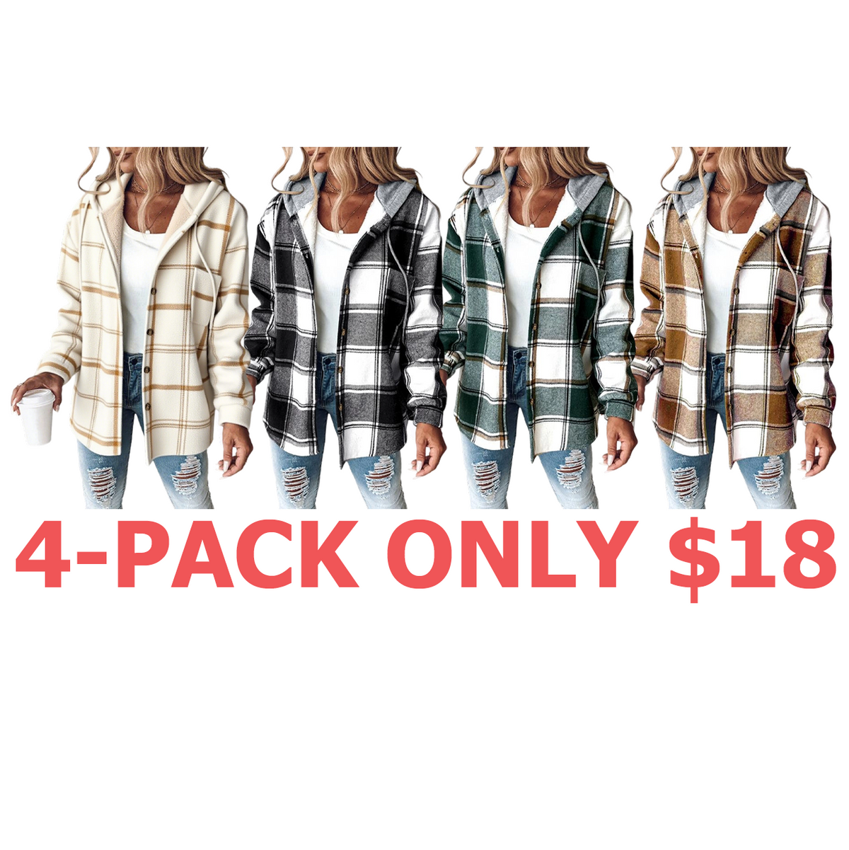 Women's Plaid Pattern Long Sleeve Shacket Button Down Fleece Lined Hooded Jackets Warm Coat Casual Womenswear Comfort Outdoor Soft