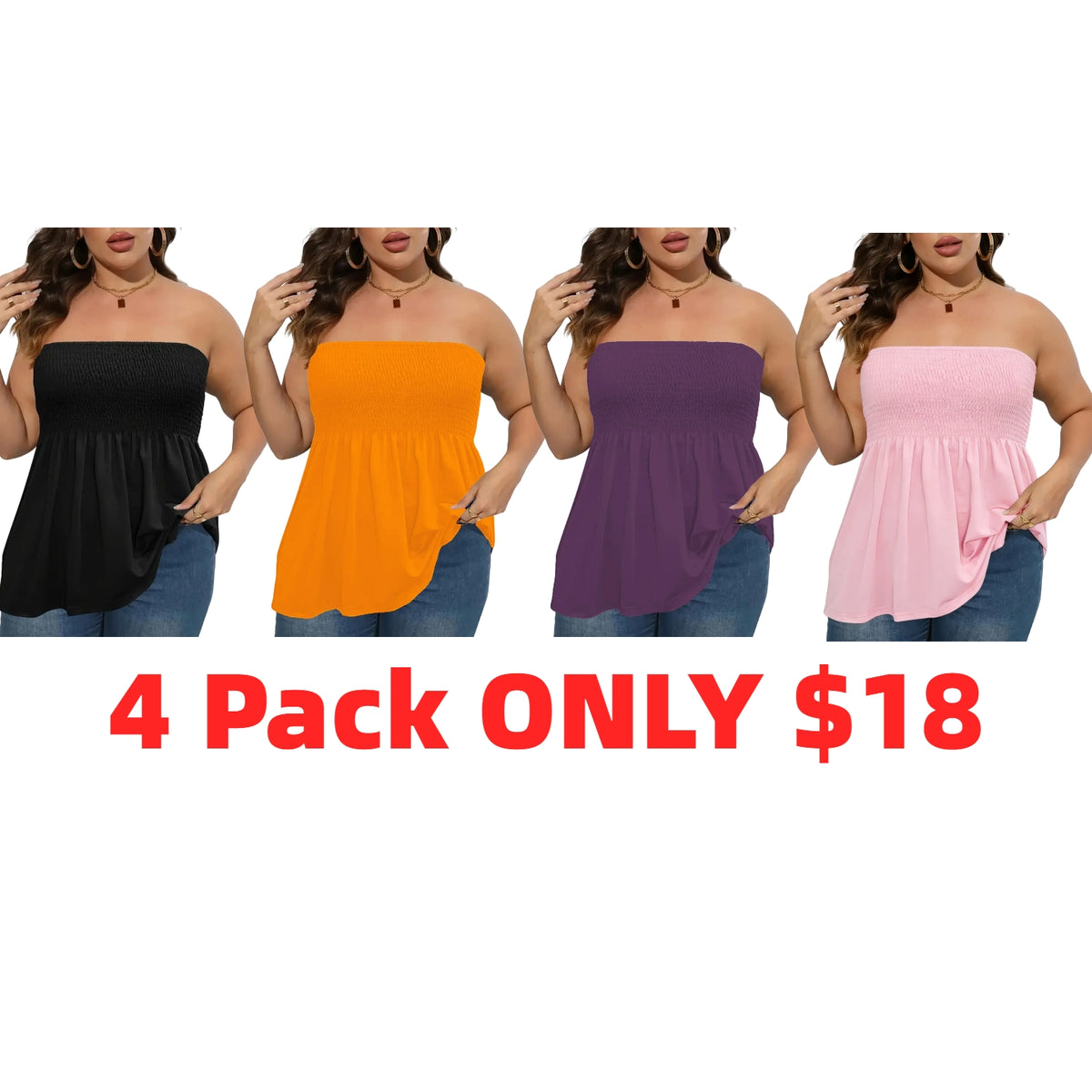 Plus Size Solid Ruffle Hem Shirred Tube Top