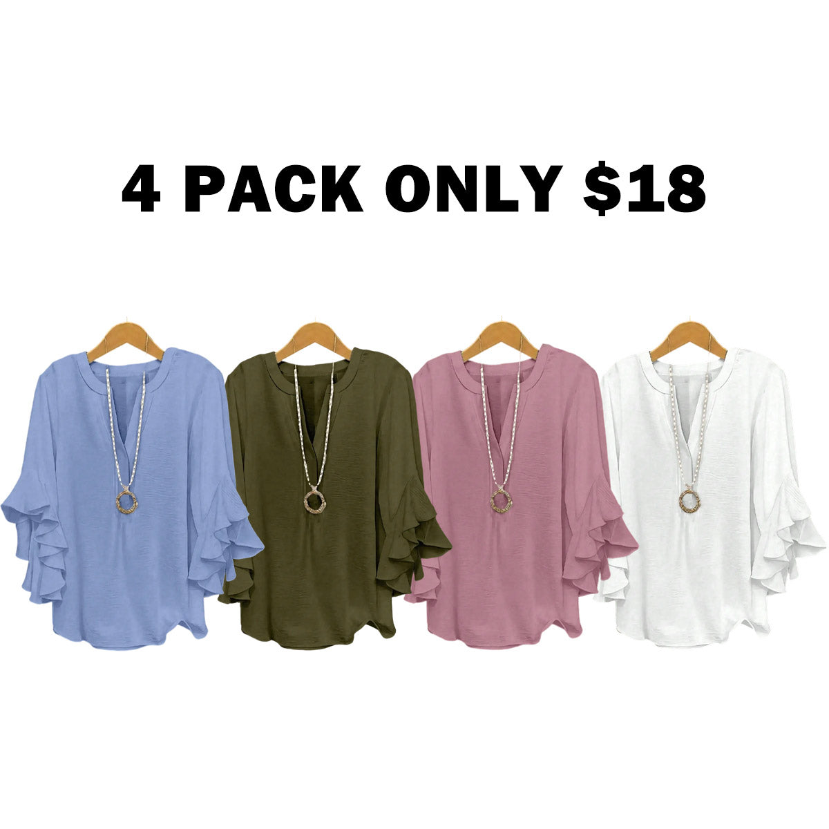 Plus Size Women's Ruffle Sleeve Notched-Neck Fitted Blouse