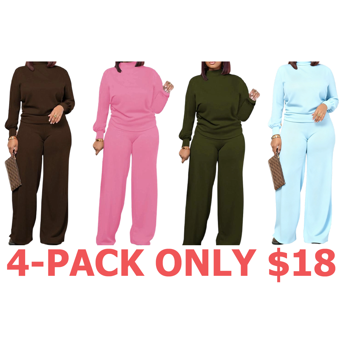 Women Fall Winter Long Sleeve Semi High Neck Loose Top & Wide Leg Pants