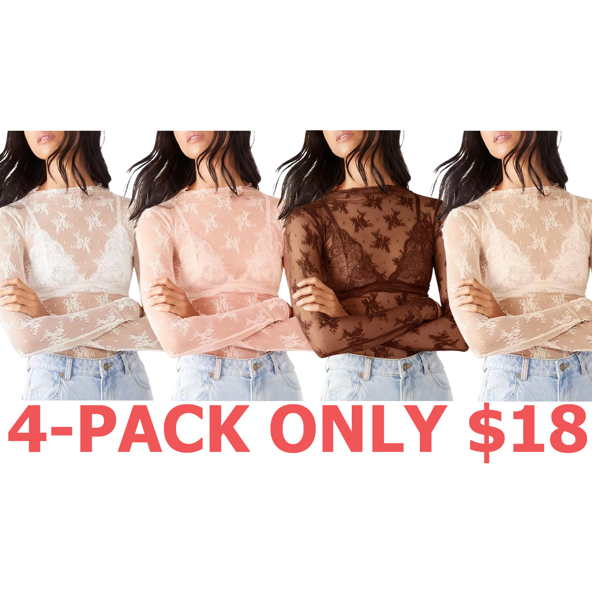 Women's Lace Blouse, Mesh Long-Sleeve Floral Lace Shirt