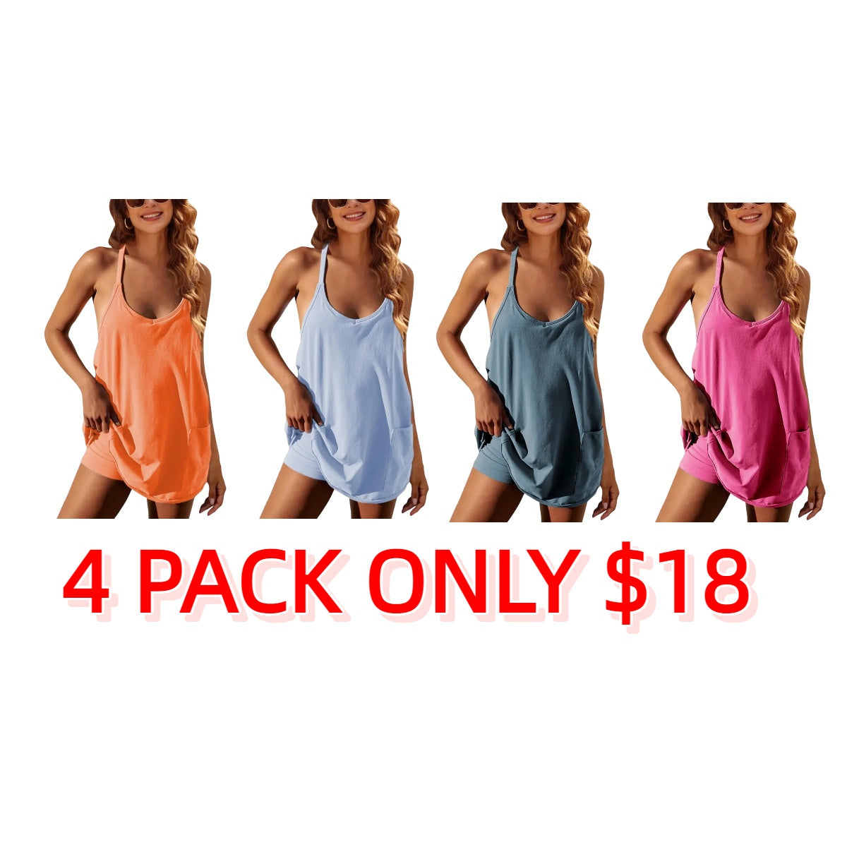 Women's Athletic Sleeveless Mini Dress with Built-in Shorts Summer V Neck Spaghetti Strap Short