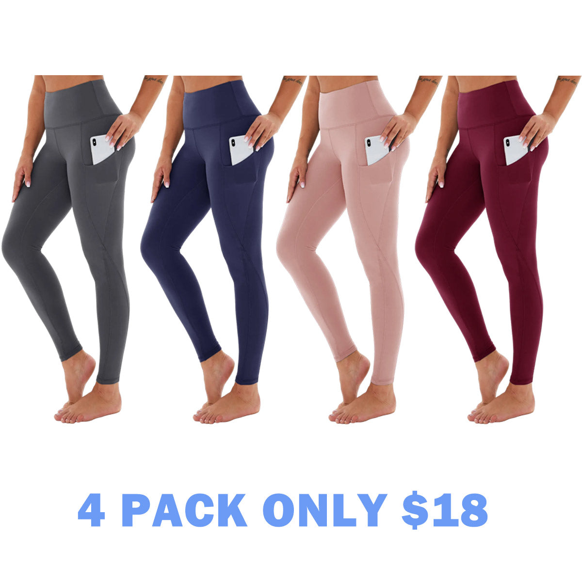 Women's High Waisted Tummy Control 4/8 Pack Leggings with Pockets