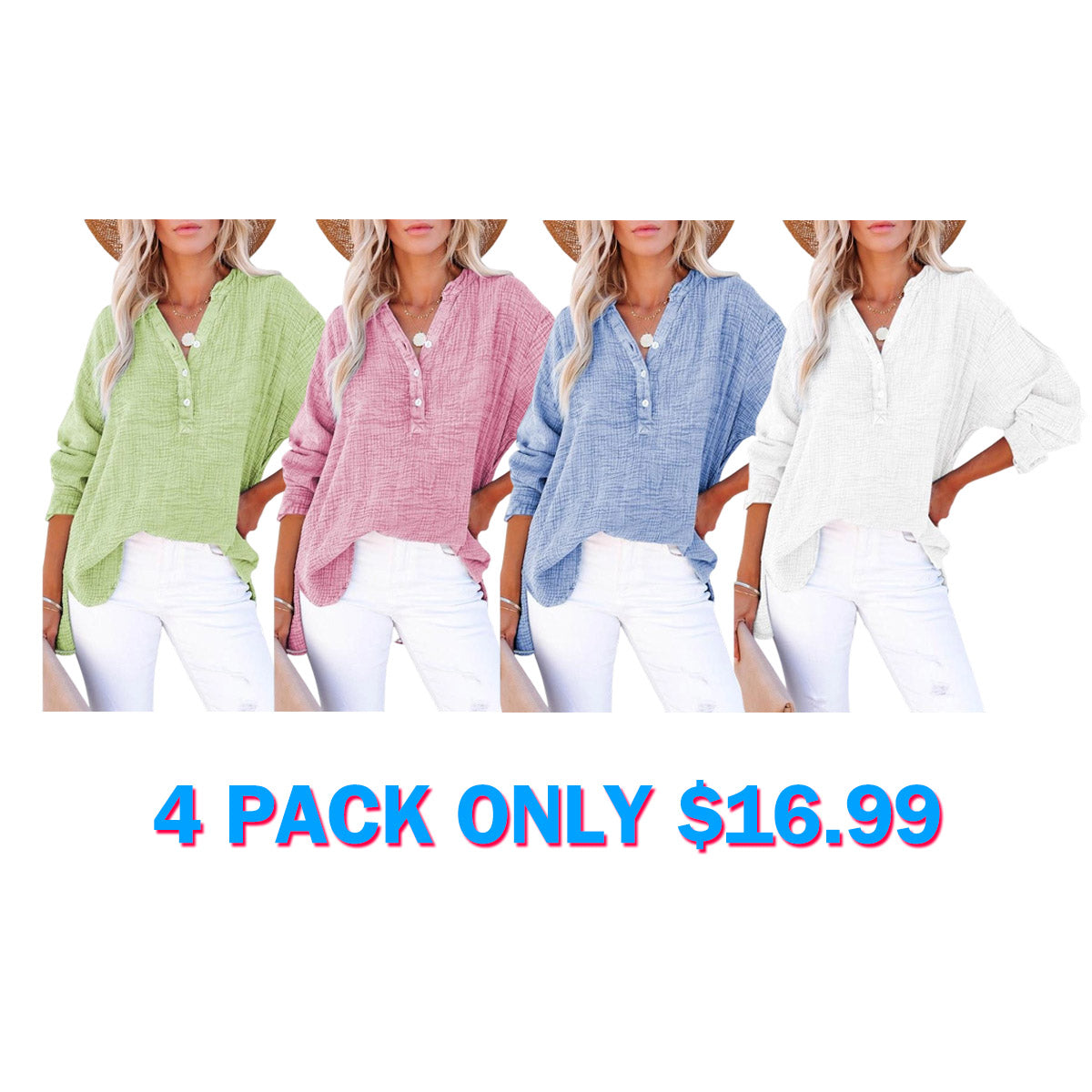 Women's Casual Button V Neck Long Sleeve Shirts