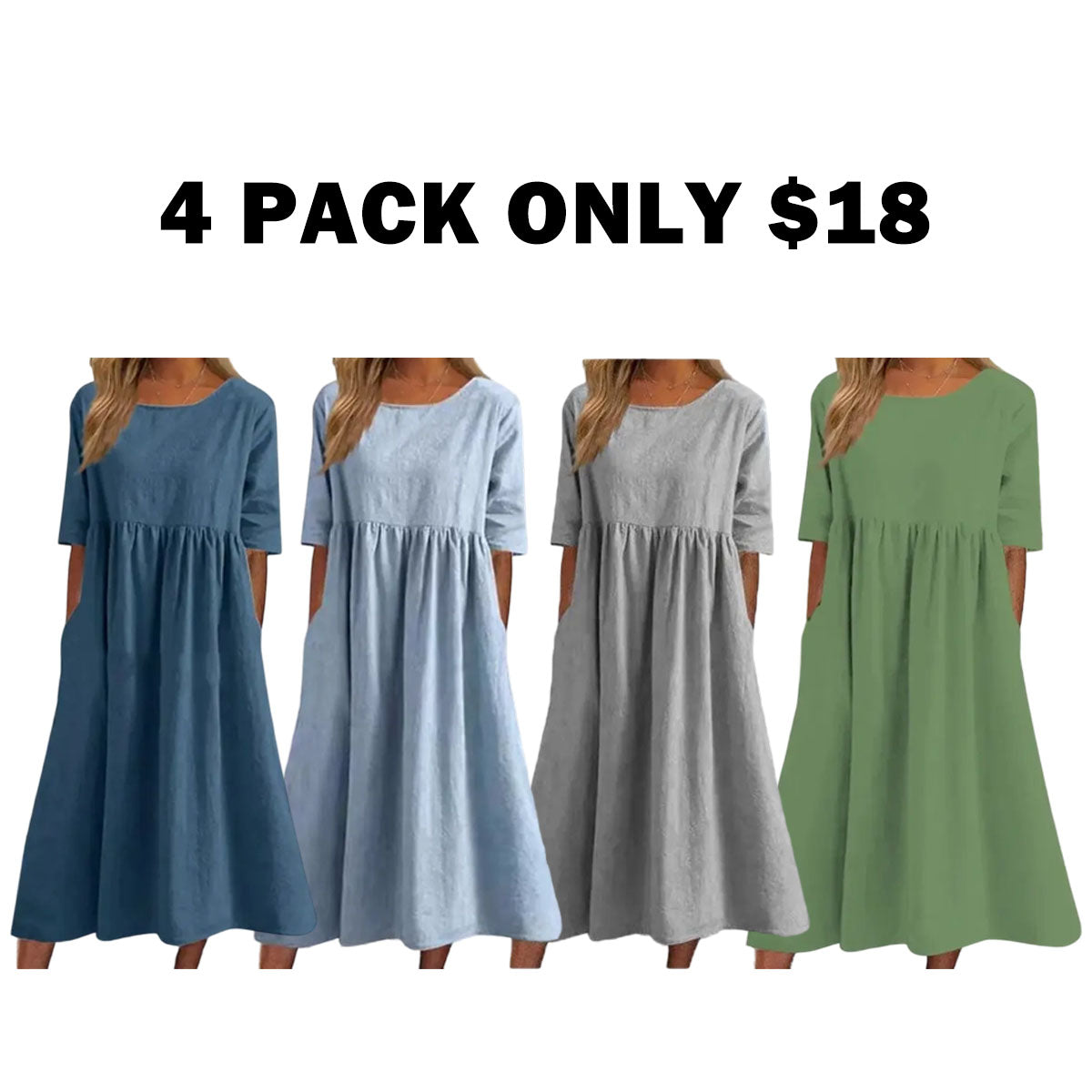 Cotton and Linen Casual Short Sleeve Pocket Dress