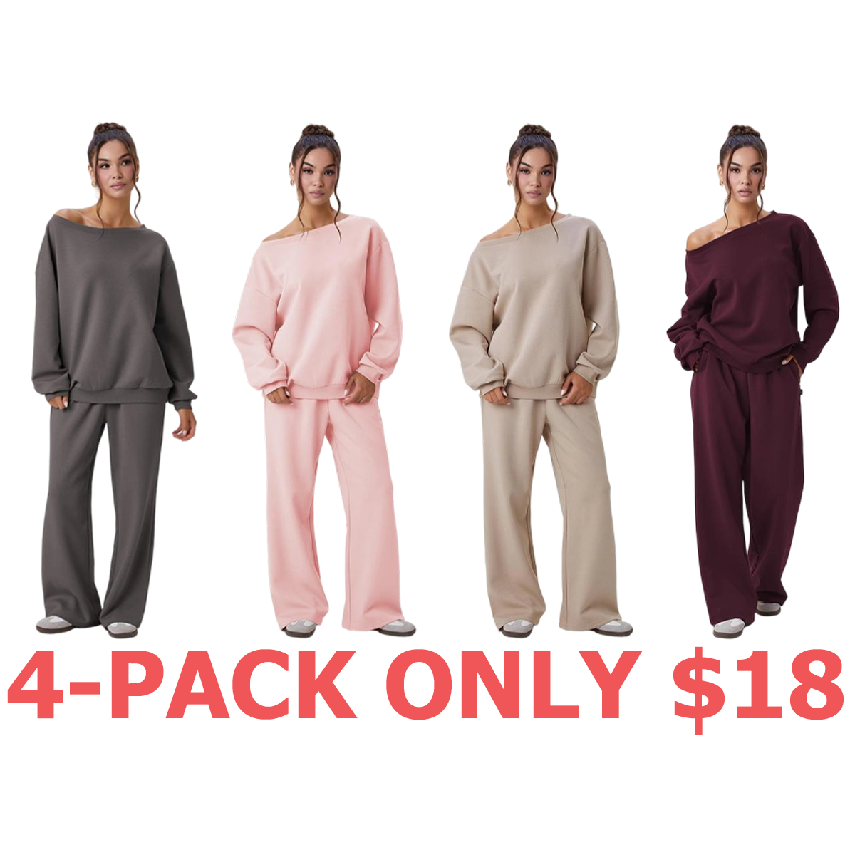 Women's Leisure Solid Color Sloping Shoulder Long Sleeve Top & Wide Leg Trousers Co-ord