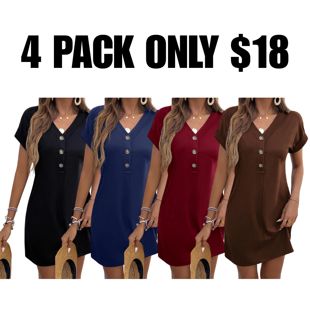 Women's Plain Button V Neck Basic Minimalist Tee Dress