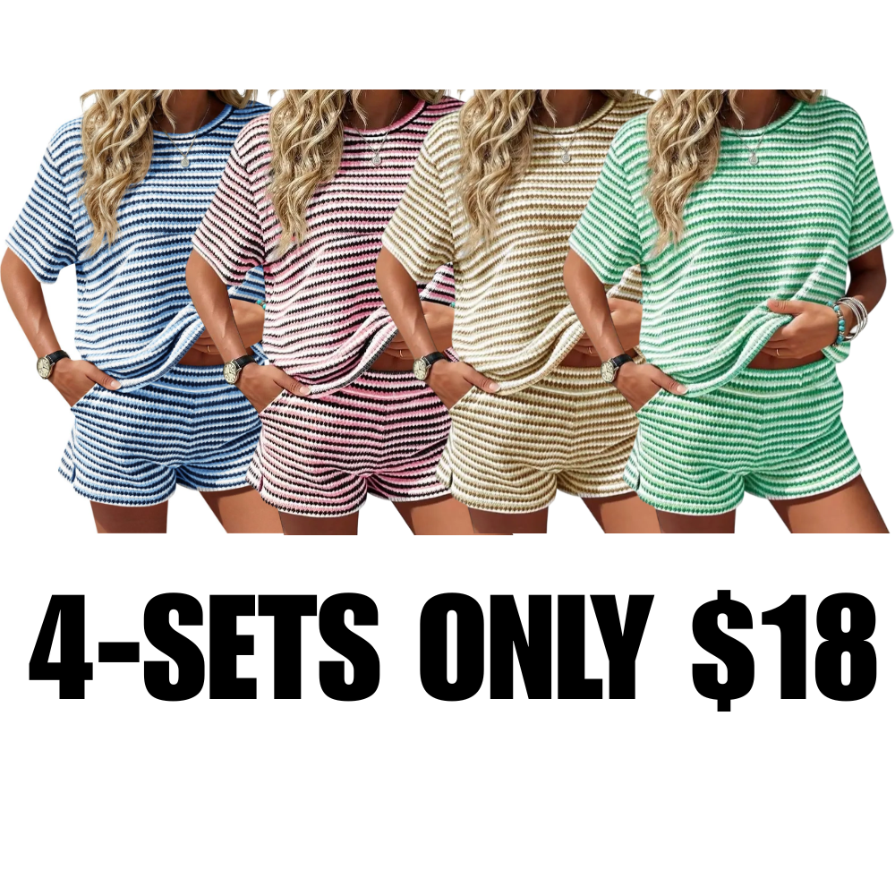 Women's Striped 2 Piece Outfits Short Sleeve Shirts Tops Knit Shorts Sets