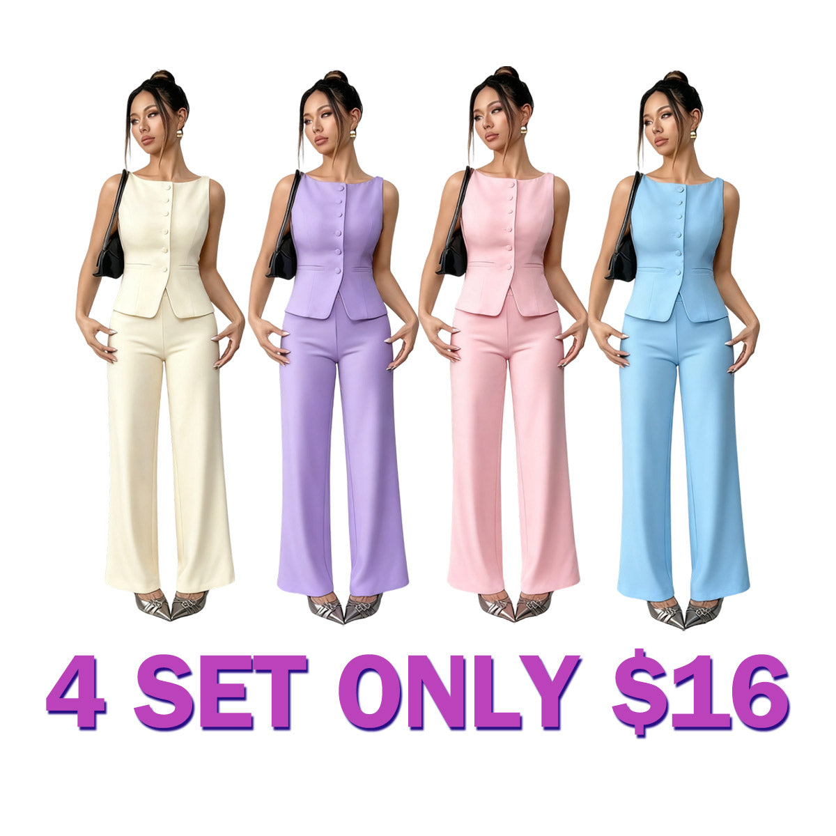 Women's Solid Button Front Tank Top & Wide Leg Pants Set