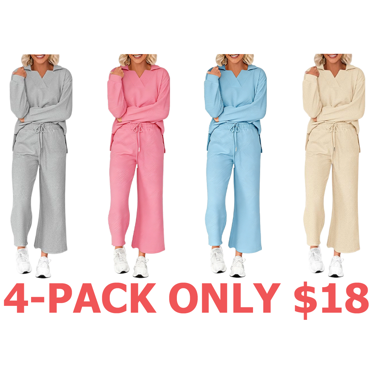 Women 2-Piece Outfit 2025 Fall Winter Lapel V Neck Long Sleeve Pullover and Wide Leg Pants Lounge Sets Pockets