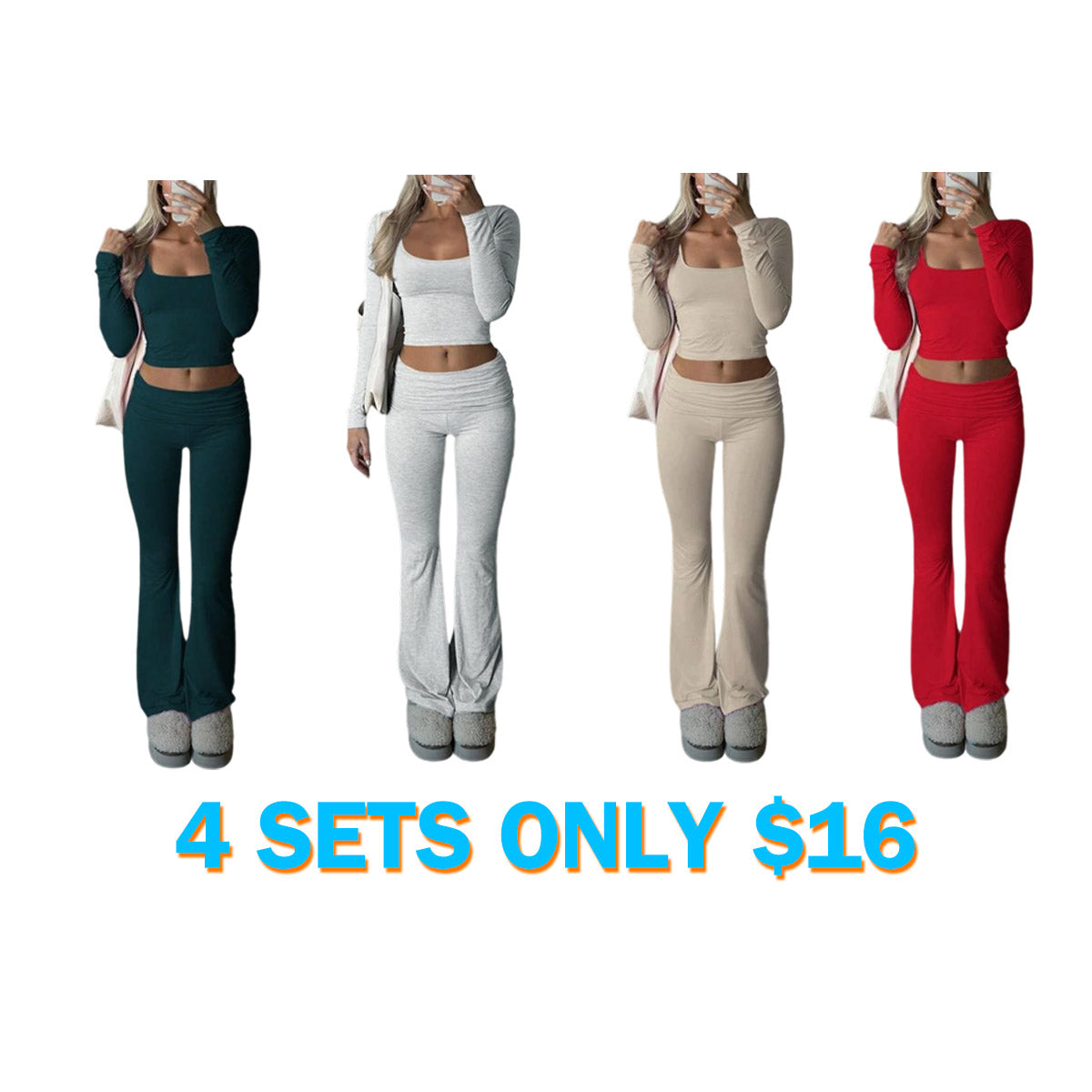 Solid Color Square Neck Crop Tee & Flare Leg Pants Two-Piece Set