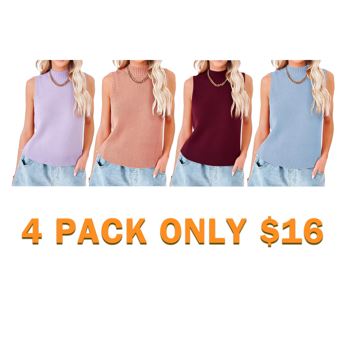 Women Knit Tank Tops Sleeveless Turtleneck Cami Shirts Sweater Vests