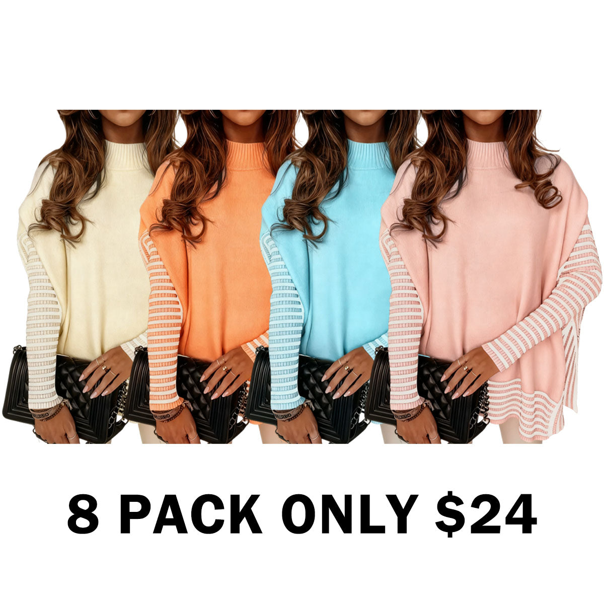 Striped Patchwork Print Batwing Sleeve Split Hem Sweater