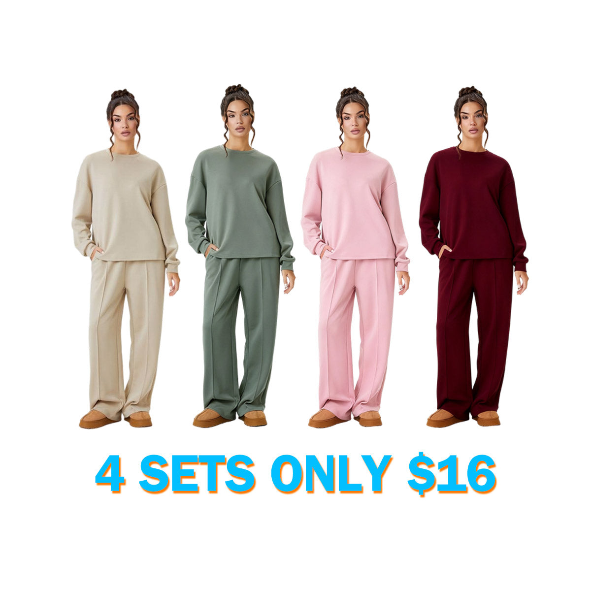 Women's Cozy Round Neck Top & Wide Leg Trousers Two Piece Outfits
