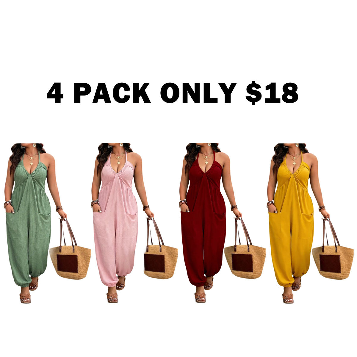 【Plus Size】 Solid Color Pocket Jumpsuit