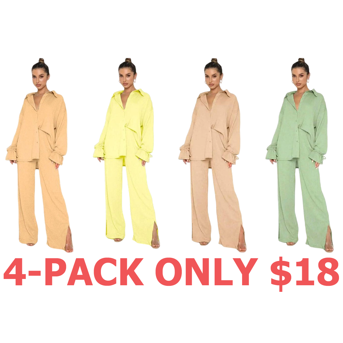 Women's Solid Button Front Shirt & Split Hem Pants Set