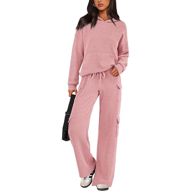 Women's Fall Knitted Hoodie Tracksuits Wide Leg Pants With Pocket Sets