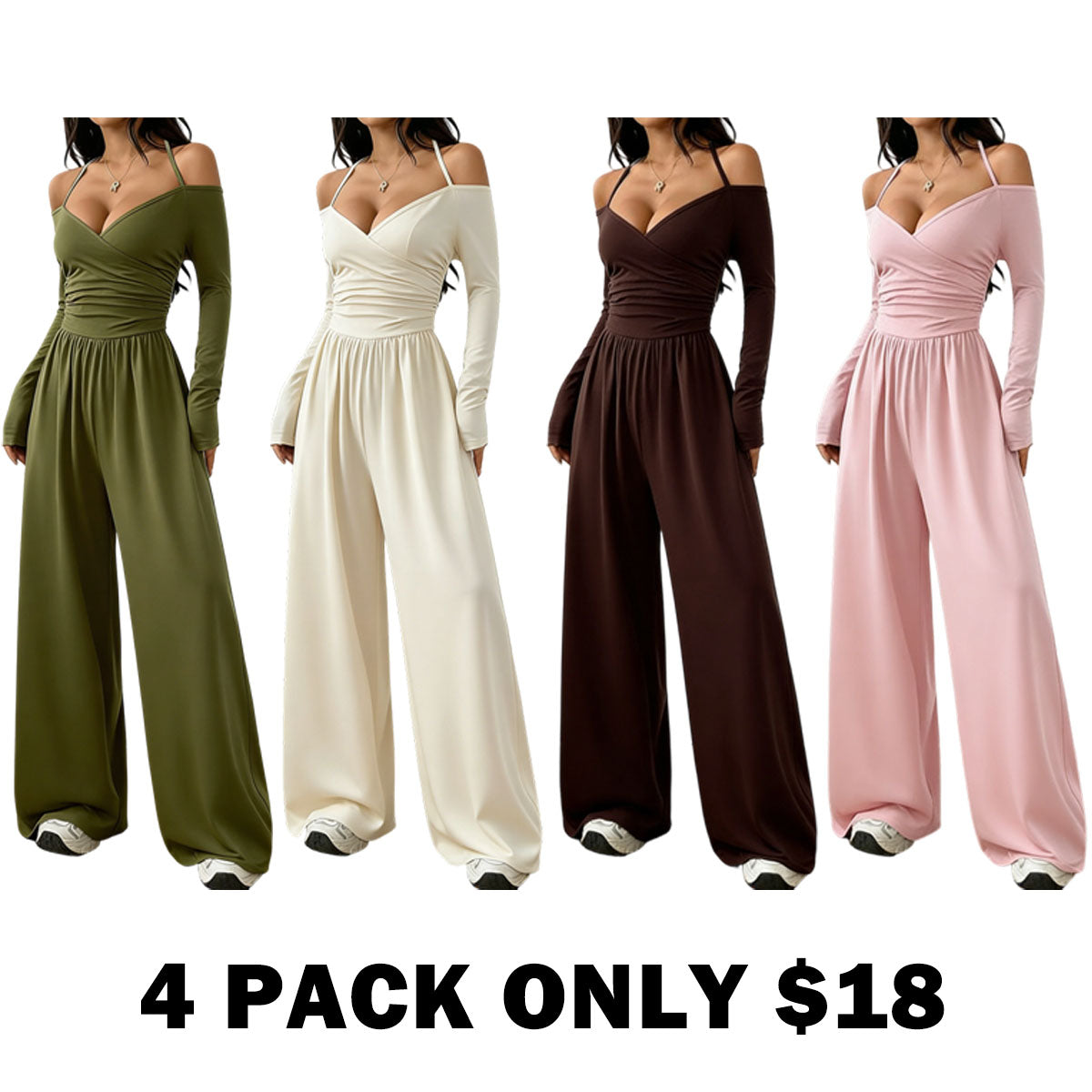 Women's Solid Color Off-Shoulder Ruched Wide Leg Casual Jumpsuit