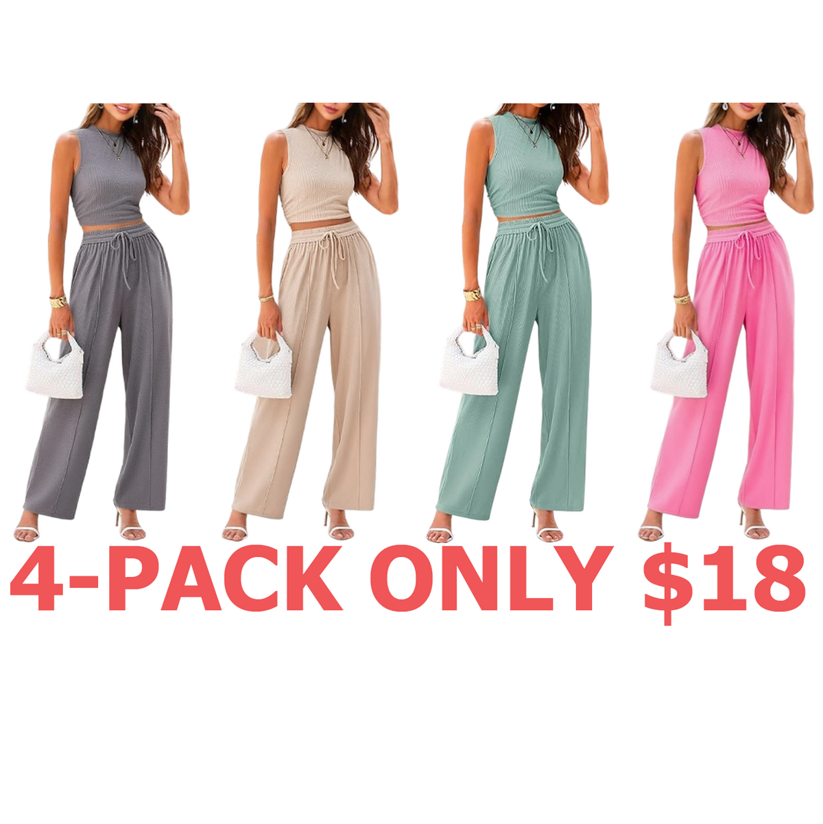 Women's Summer 2-Piece Outfits - Ribbed Knit Crew Neck Sleeveless Cropped Top & Wide Leg Pants Lounge Set