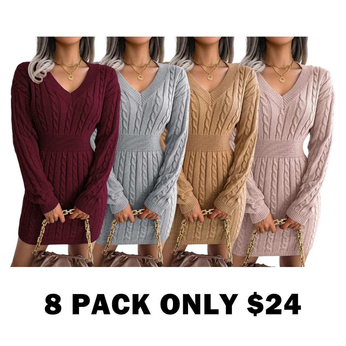 Women's Cable Knit Sweater Dress With V Neck