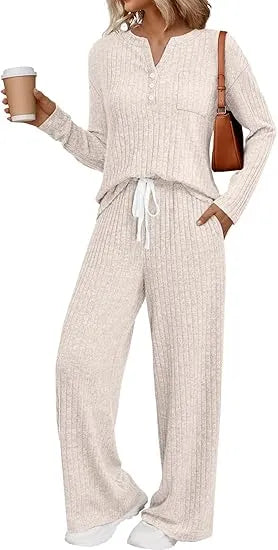 Womens 2 Piece Lounge Sets Fall Outfits Henley Neck Sweater 2025 Matching Sweat Suits Comfy Pajamas Clothes Pockets