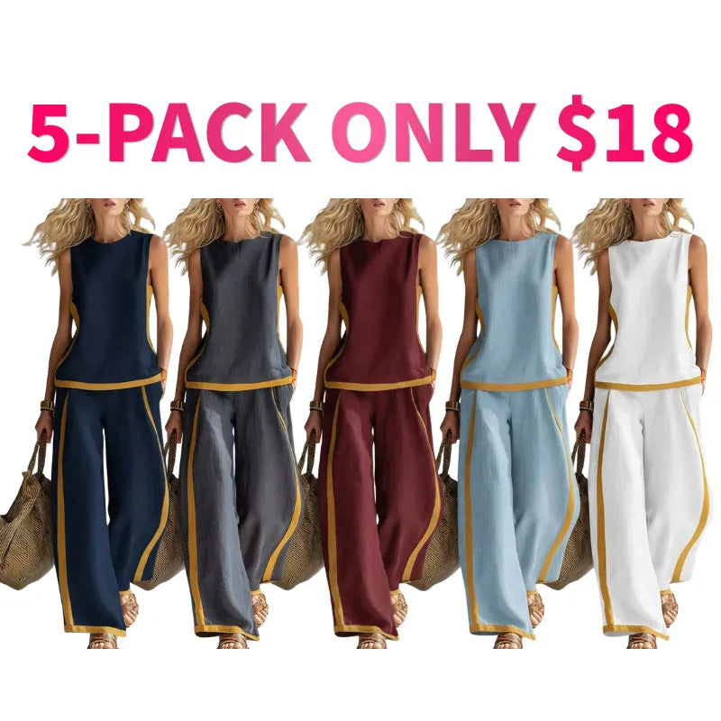 Linen Blend Women Sleeveless Color Block Top Wide Leg Pants Set