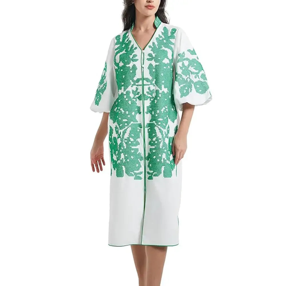 Women Casual V-Neck Mid Dress Floral Embroidery 3/4 Sleeves