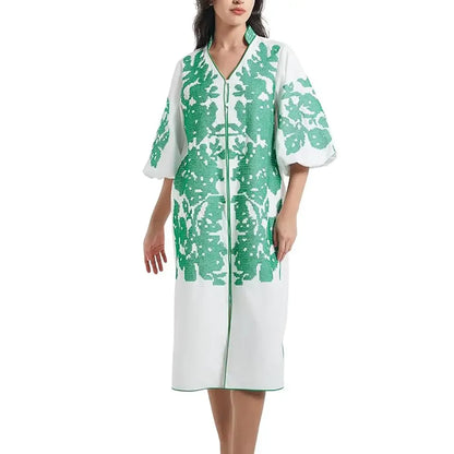 Women Casual V-Neck Mid Dress Floral Embroidery 3/4 Sleeves