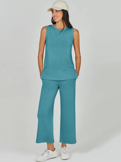 Women's 2 Piece Sets Summer Outfits Sleeveless Wide Leg Tracksuits Casual Sweat Sets Lounge Sweatsuits