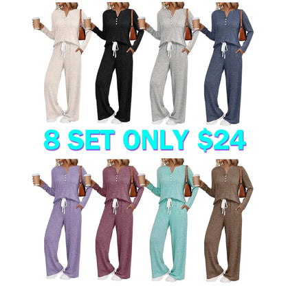 Womens 2 Piece Lounge Sets Fall Outfits Henley Neck Sweater 2025 Matching Sweat Suits Comfy Pajamas Clothes Pockets