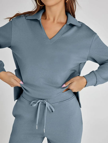 Women's 2 Piece Sets Outfits Casual Long Sleeve Sweatsuits Polo Top and Wide Leg Pants Matching Sets