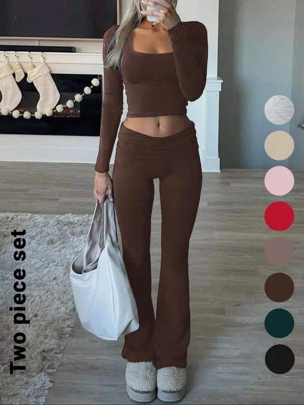 Solid Color Square Neck Crop Tee & Flare Leg Pants Two-Piece Set