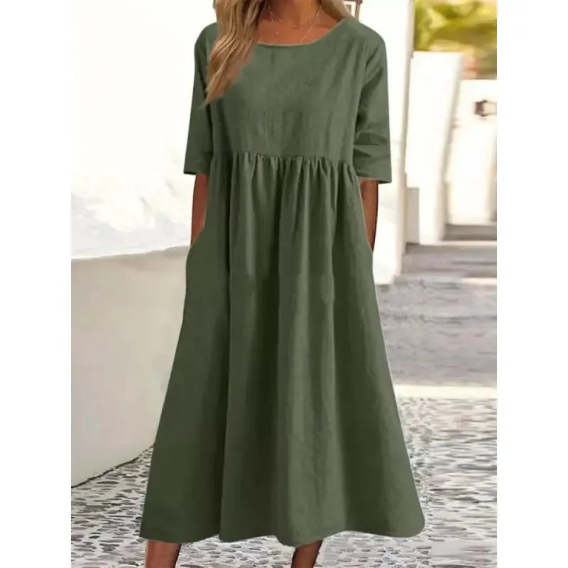 Cotton and Linen Casual Short Sleeve Pocket Dress