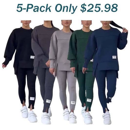 🎉Christmas Deals🎉Women's Casual Solid Color Round Neck Long Sleeve Slit Hem Sweatshirt Leggings Set