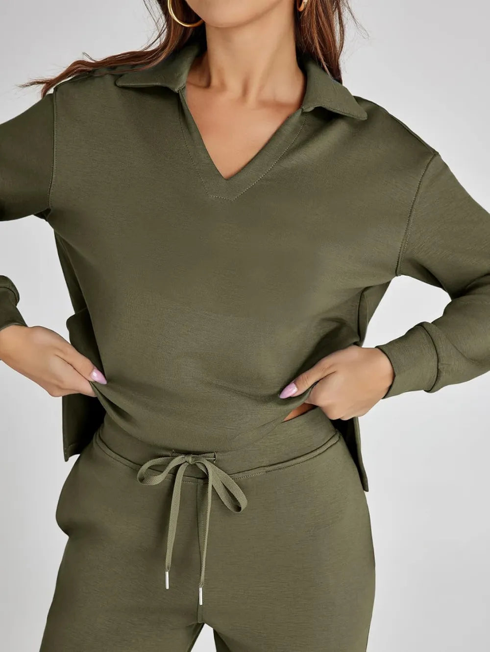 Women's 2 Piece Sets Outfits Casual Long Sleeve Sweatsuits Polo Top and Wide Leg Pants Matching Sets