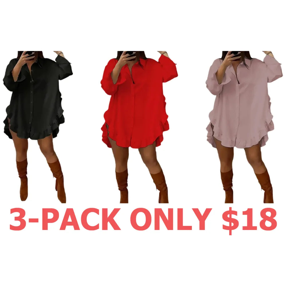 Women's Plain Ruffle Trim Button Front Blouse