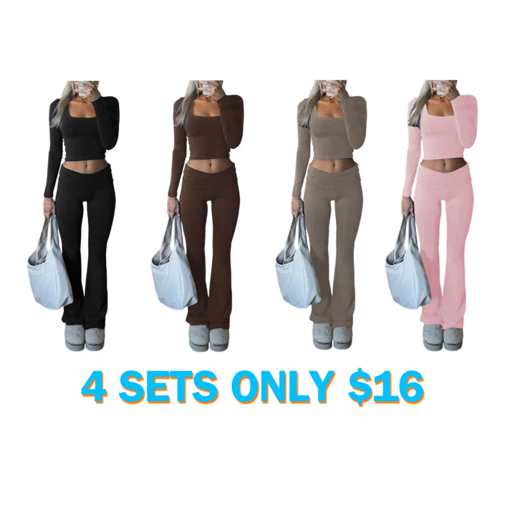 Solid Color Square Neck Crop Tee & Flare Leg Pants Two-Piece Set