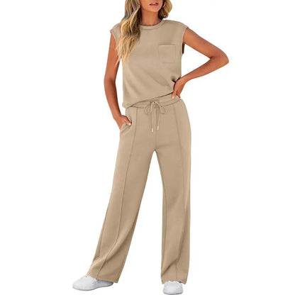 Women's Summer 2 Piece Outfits Casual Sleeveless Sweatsuits Matching Wide Leg Tracksuits Lounge Sets Women Basic Vacation Outdoor Outfit Sets Womenswear