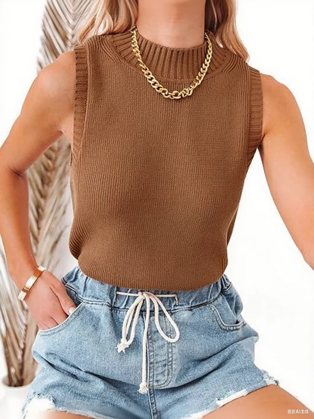 Women Knit Tank Tops Sleeveless Turtleneck Cami Shirts Sweater Vests