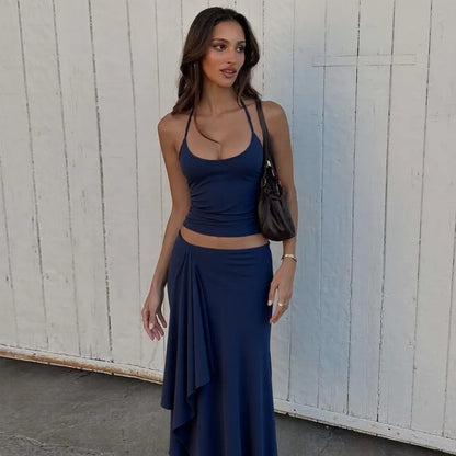 Solid-Color Sleeveless Backless Tie-Strap Camisole and Slim-Fit Side-Slit Maxi Skirt Two-Piece Set