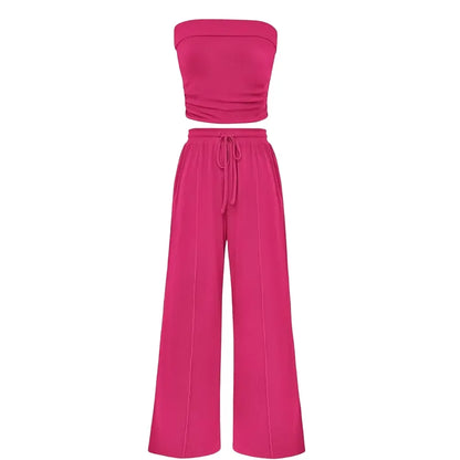 Women's Summer Outfits 2 Piece Sets Casual Ribbed Knit Crop Top & Wide Leg Pants