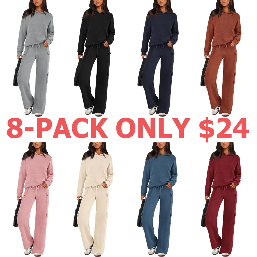 Womens Fall Outfit 2-Piece Knitted Sets Hoodie Tracksuits Wide Leg Pants With Pocket And DrawString Long Sleeve Hooded Kangoroo Pocket Tops Knitwear Sporty Loungwear, Womenswear Travel Outfit