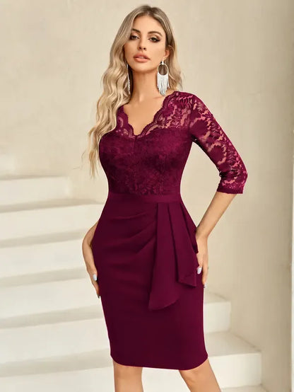 Retro V-Neck Floral Lace Ruffle Cocktail