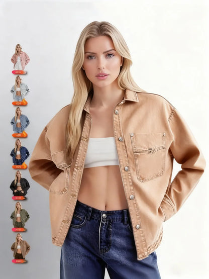 Women's Solid-Color Button-Down Denim Jacket