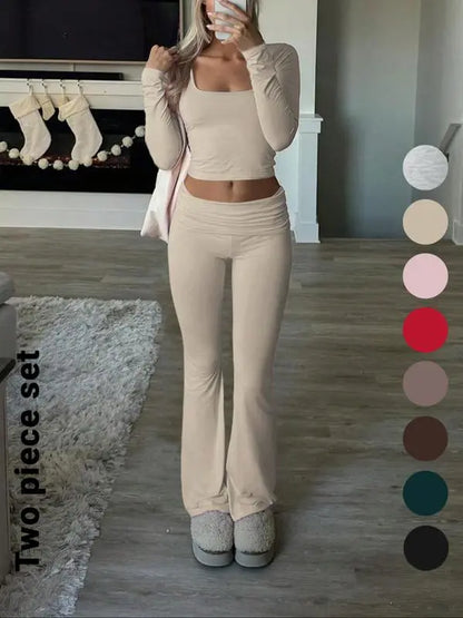 Solid Color Square Neck Crop Tee & Flare Leg Pants Two-Piece Set
